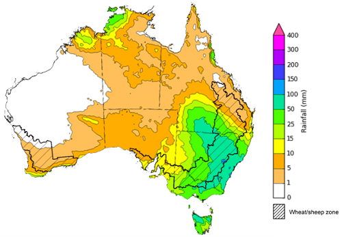 Map of the total forecast rainfall for the next 8 days. Image provided by the Bureau of Meteorology. Please refer to accompanying text for a more detailed description.