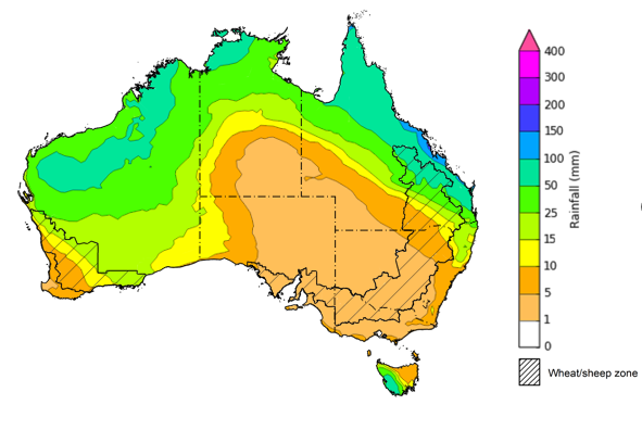 Map of the total forecast rainfall for the next 8 days. Image provided by the Bureau of Meteorology. Please refer to accompanying text for a more detailed description