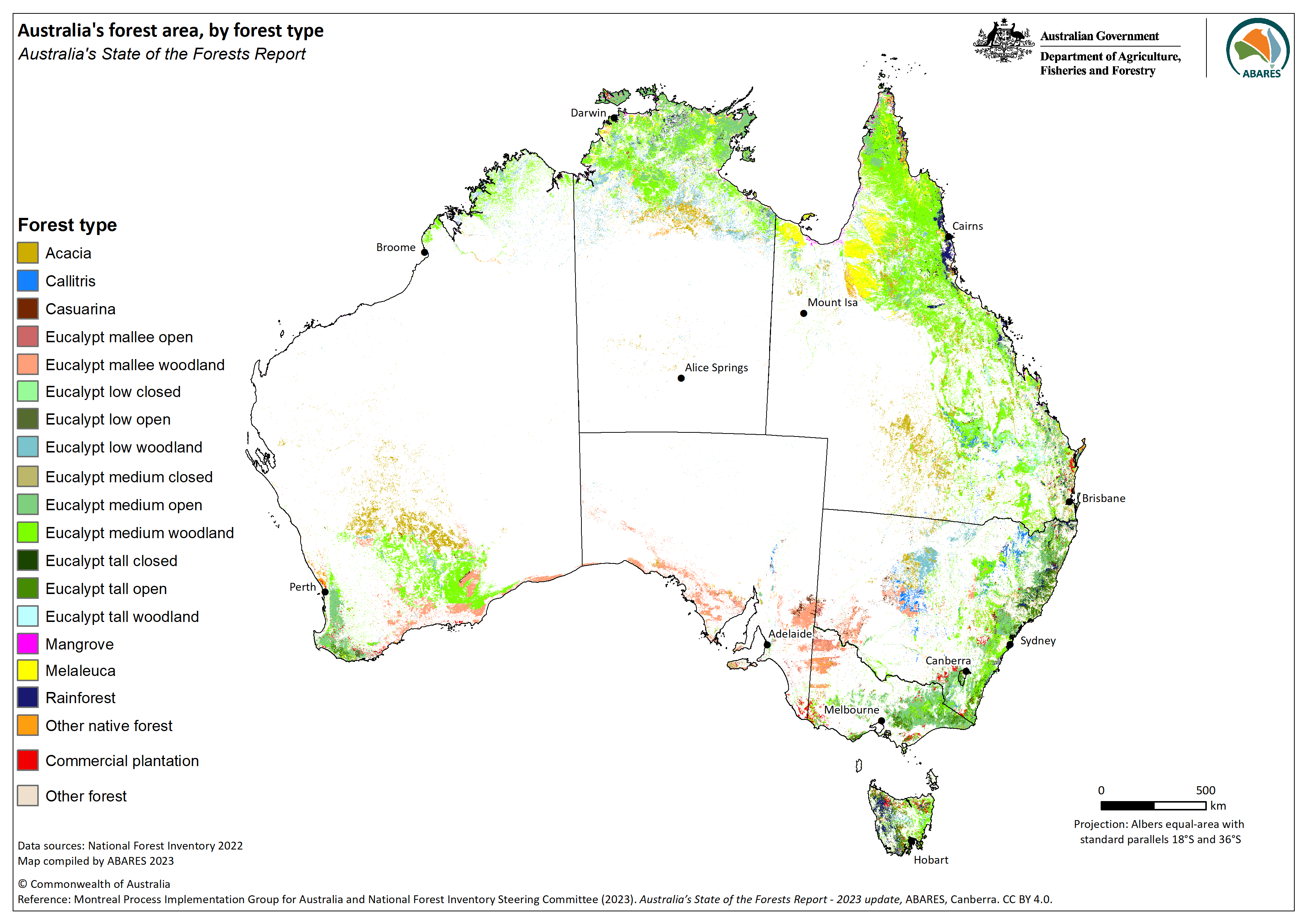 Map of the Forests of Australia (2023) spatial dataset showing the distribution of Australia's forests and forest types