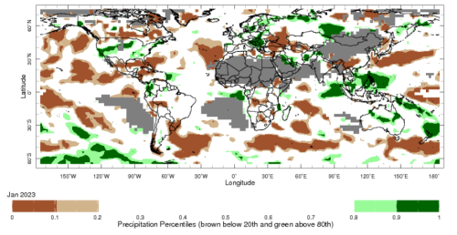 Map showing global monthly precipitation percentiles below the 20th percentile and above the 80th percentile. This map uses the climatology baseline of 1991 to 2020 for the month analysed. This map uses data from the NOAA Climate Prediction Centre CAMS_OPI. Image provided by the International Research Institute for Climate and Society.