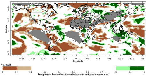 Map showing global monthly precipitation percentiles below the 20th percentile and above the 80th percentile. This map uses the climatology baseline of 1991 to 2020 for the month analysed. This map uses data from the NOAA Climate Prediction Centre CAMS_OPI. Image provided by the International Research Institute for Climate and Society