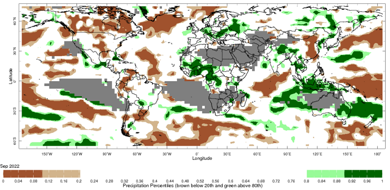 Map showing global monthly precipitation percentiles below the 20th percentile and above the 80th percentile. This map uses the climatology baseline of 1981 to 2010 for the month analysed. This map uses data from the NOAA Climate Prediction Centre CAMS_OPI. Image provided by the International Research Institute for Climate and Society.