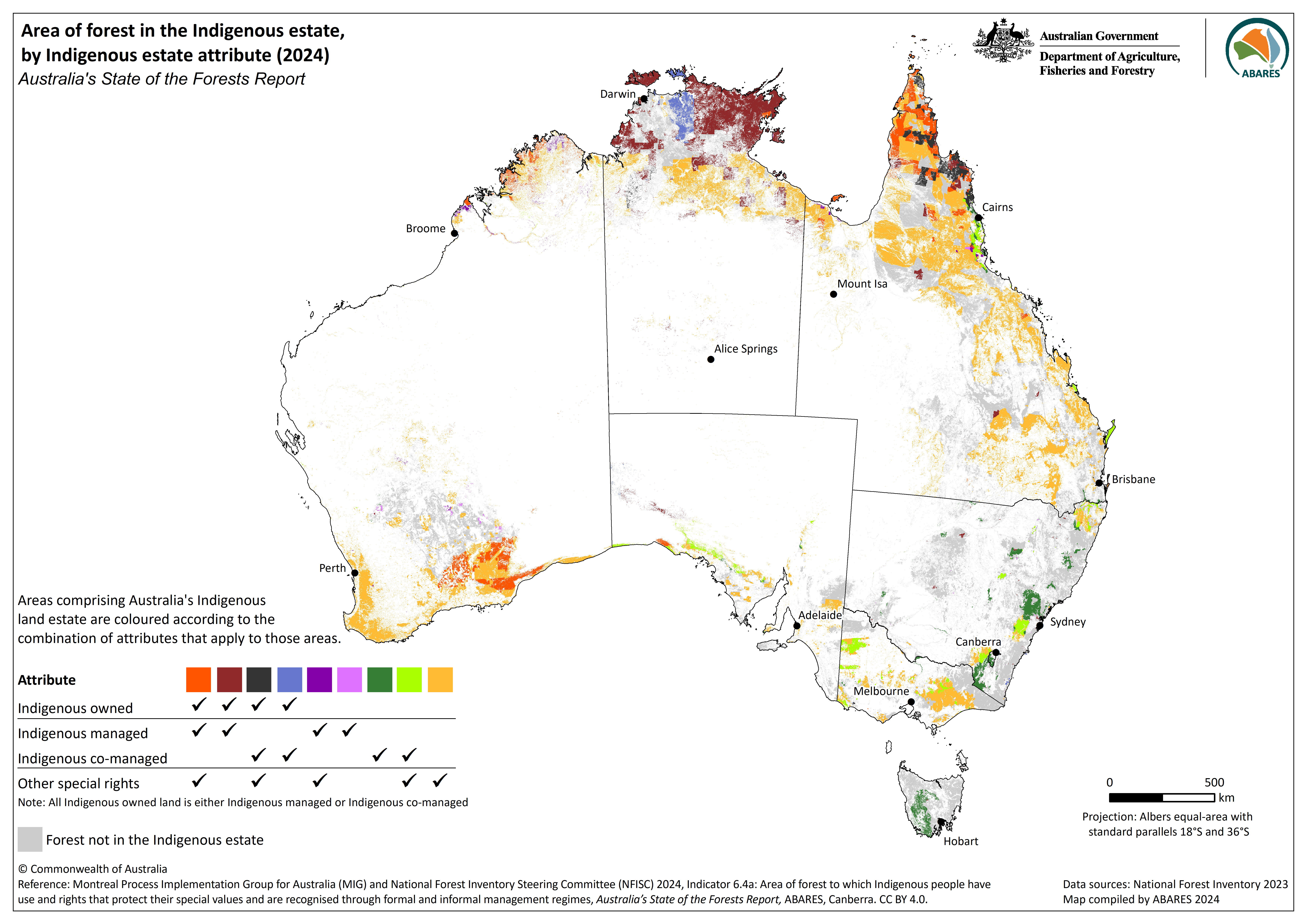 Map of the area of forest in the Indigenous estate, by Indigenous estate attribute. There are large areas of other species rights through forested areas of south west Western Australia, Queensland and the southern part of the top end of the Northern Territory. The largest areas of Indigenous owned and managed forest are in the Northern Territory, mainly Arnhem Land. 