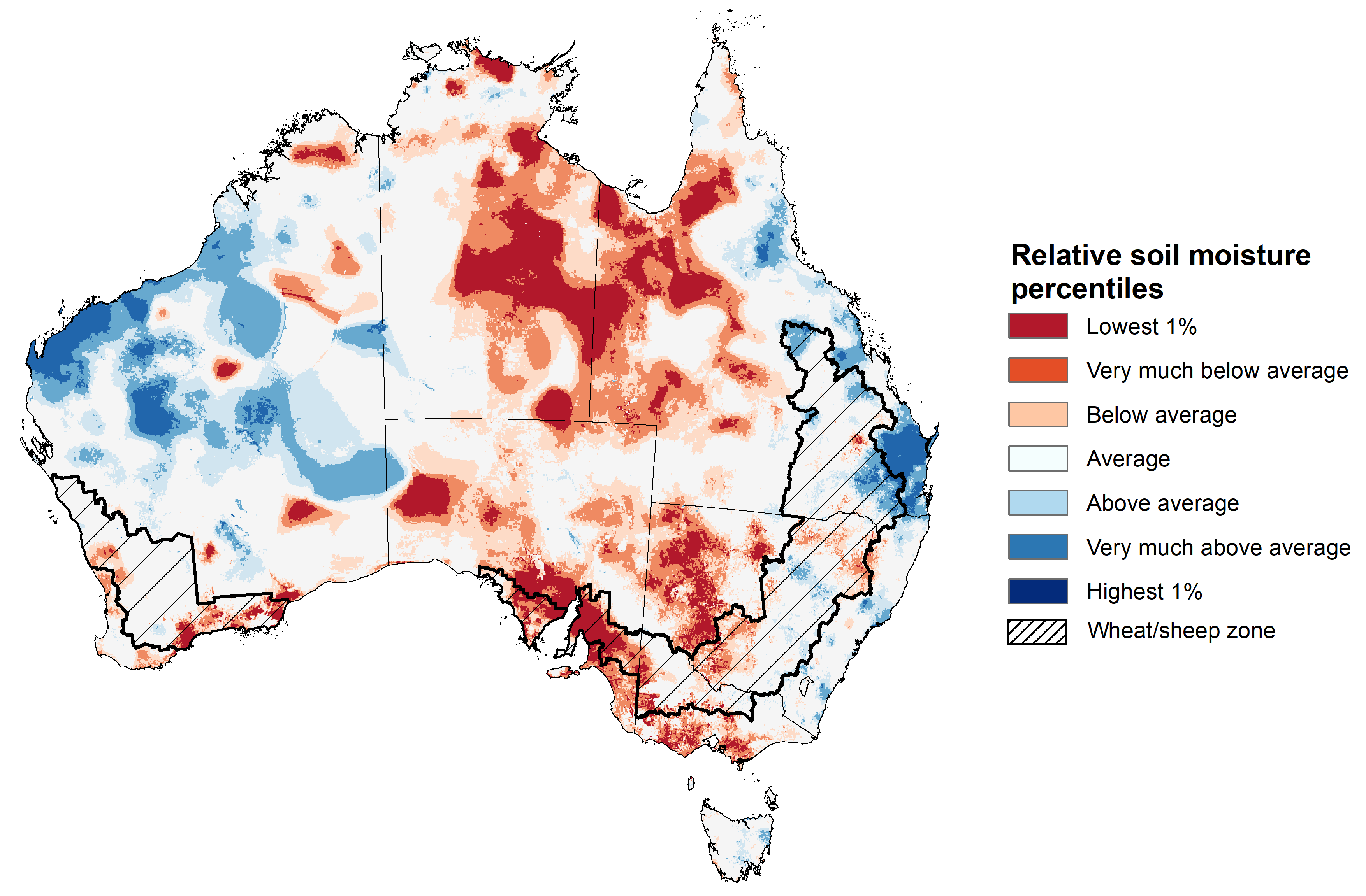 Map showing the lower layer soil moisture for the previous season in Australia. Image provided by the Bureau of Meteorology. Please refer to accompanying text for a more detailed description.