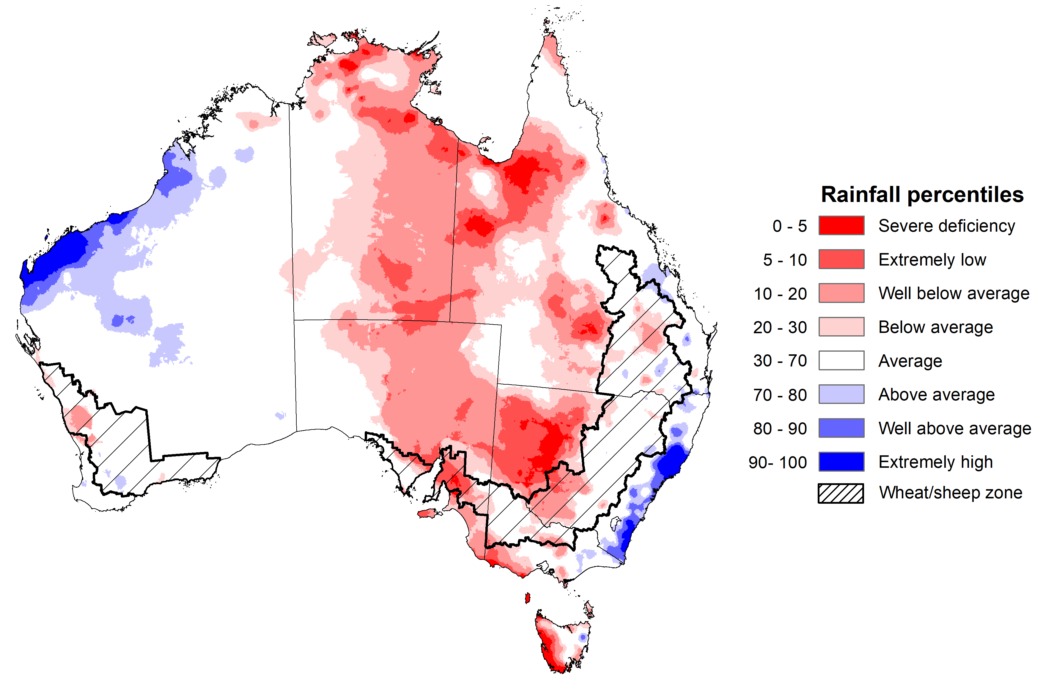 Map showing the rainfall percentiles for the previous month in Australia. Image provided by the Bureau of Meteorology. Please refer to accompanying text for a more detailed description.