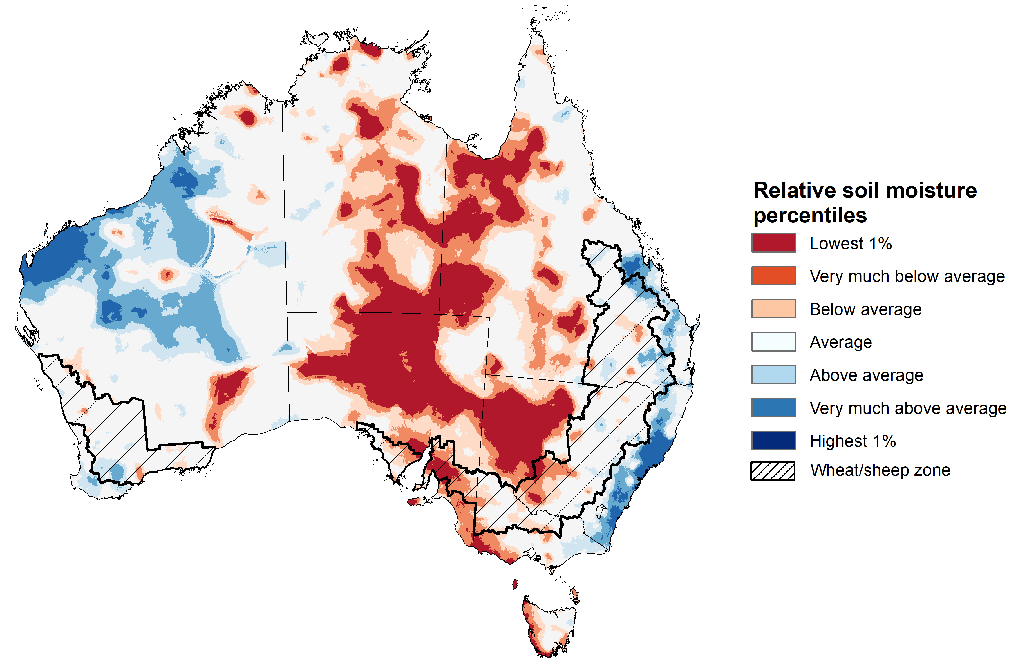 Map showing the upper layer soil moisture for the previous season in Australia. Image provided by the Bureau of Meteorology. Please refer to accompanying text for a more detailed description.