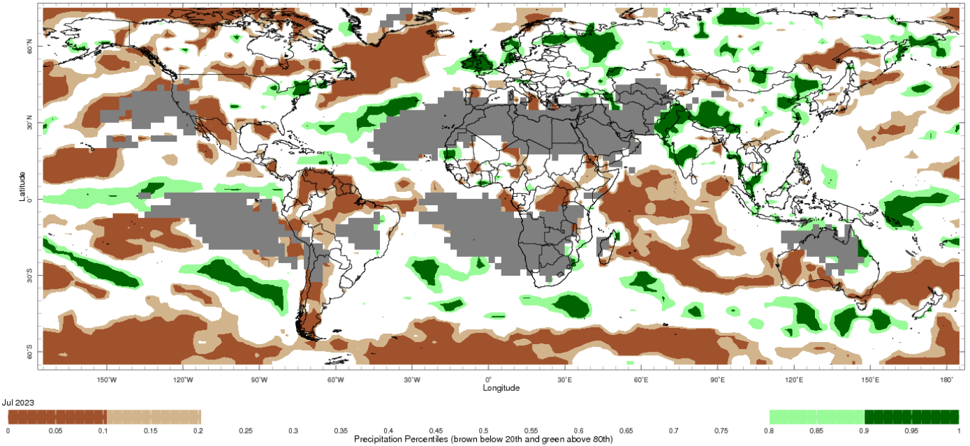 Map showing global monthly precipitation percentiles below the 20th percentile and above the 80th percentile. This map uses the climatology baseline of 1991 to 2020 for the month analysed.