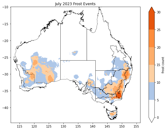 Map of the number of days minimum temperature was below 2°C based on historical climatology (1993-2022) and in the latest month. Data provided by the Bureau of Meteorology. Please refer to accompanying text for a more detailed description.