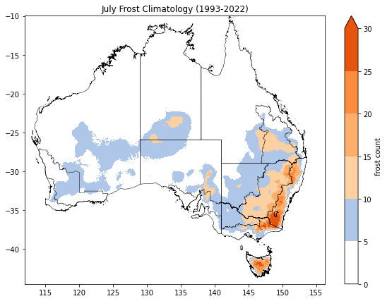 Map of the number of days minimum temperature was below 2°C based on historical climatology (1993-2022) and in the latest month. Data provided by the Bureau of Meteorology. Please refer to accompanying text for a more detailed description.