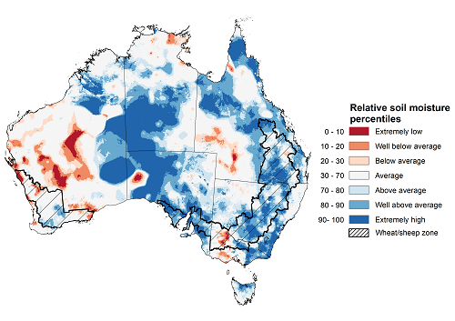 Map showing the lower layer soil moisture for the previous season in Australia. Image provided by the Bureau of Meteorology. Please refer to accompanying text for a more detailed description.