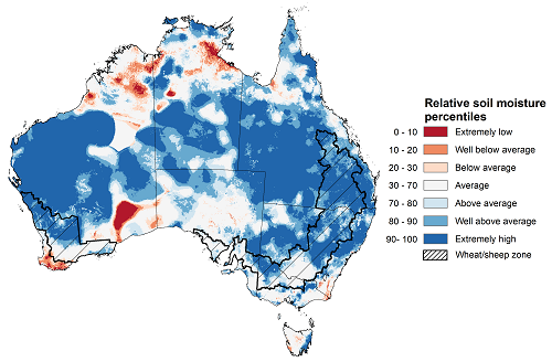 Map showing the lower layer soil moisture for the previous season in Australia. Image provided by the Bureau of Meteorology. Please refer to accompanying text for a more detailed description.