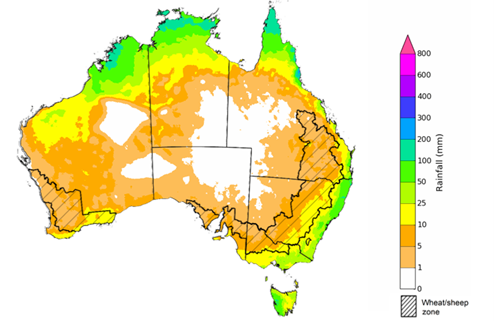 Map showing the rainfall totals that have a 75% chance of occurring during the next month in Australia. Image provided by the Bureau of Meteorology. Please refer to accompanying text for a more detailed description. For further information, go to http://www.bom.gov.au/climate/ahead/about/