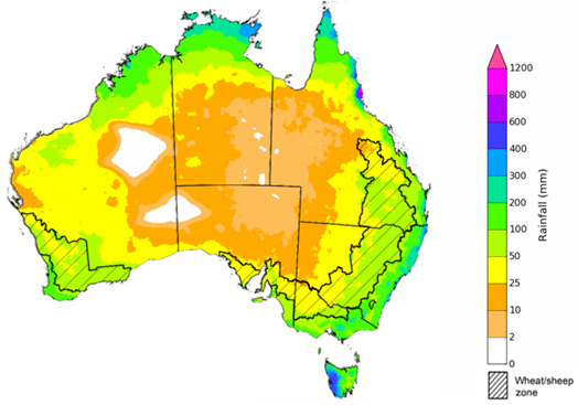 Map showing the rainfall totals that have a 75% chance of occurring during the next three months in Australia. Image provided by the Bureau of Meteorology. Please refer to accompanying text for a more detailed description.