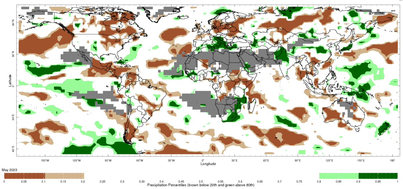 Map showing global monthly precipitation percentiles below the 20th percentile and above the 80th percentile. This map uses the climatology baseline of 1991 to 2020 for the month analysed. 