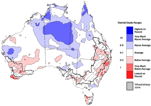 Map showing the rainfall percentiles for the previous month in Australia. Image provided by the Bureau of Meteorology. Please refer to accompanying text for a more detailed description.]