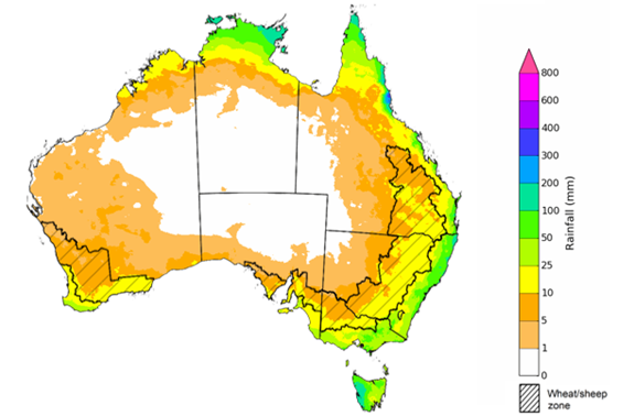 Map showing the rainfall totals that have a 75% chance of occurring during the next month in Australia. Image provided by the Bureau of Meteorology. Please refer to accompanying text for a more detailed description. For further information, go to http://www.bom.gov.au/climate/ahead/about/.]