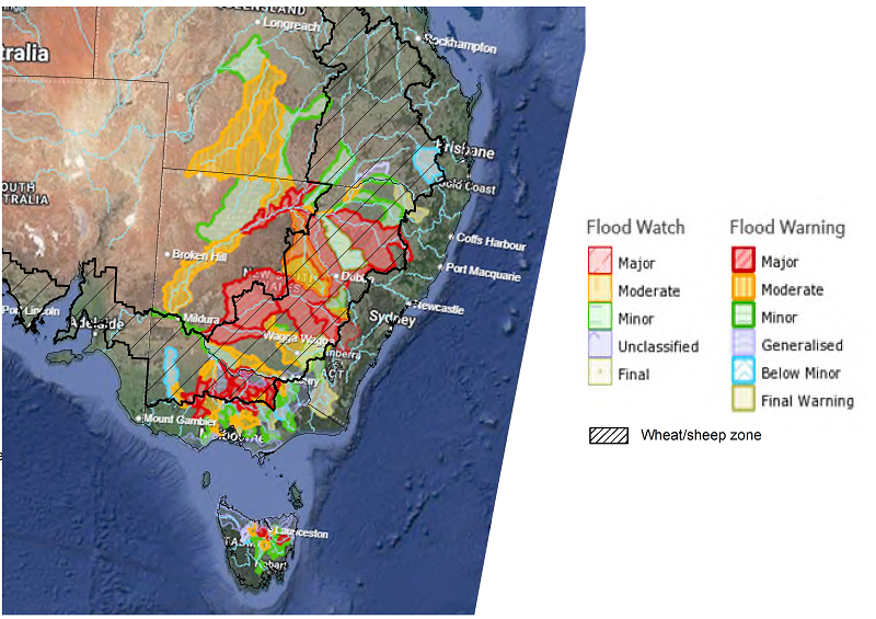 Map of eastern Australia showing catchments currently affected by flooding, with the wheat-sheep zone also displayed. Please refer to the table below for a more detailed description.