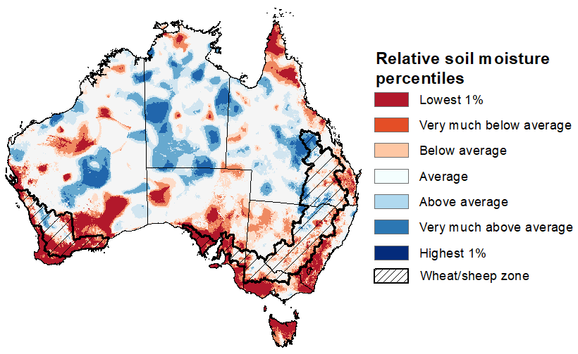 Map showing the lower layer soil moisture for the previous season in Australia. Image provided by the Bureau of Meteorology. Please refer to accompanying text for a more detailed description