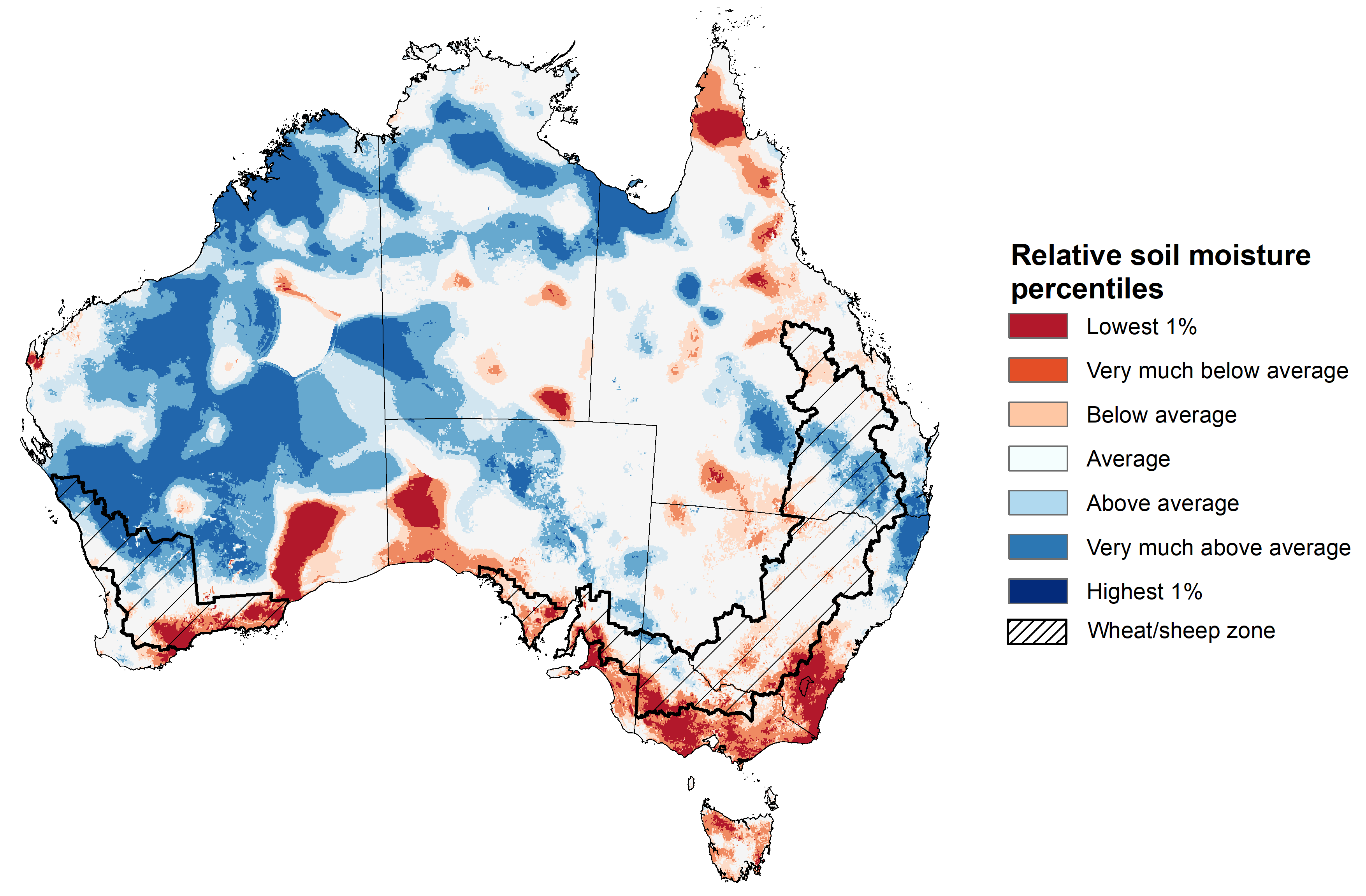 Map showing the lower layer soil moisture for the previous season in Australia. Image provided by the Bureau of Meteorology. Please refer to accompanying text for a more detailed description.