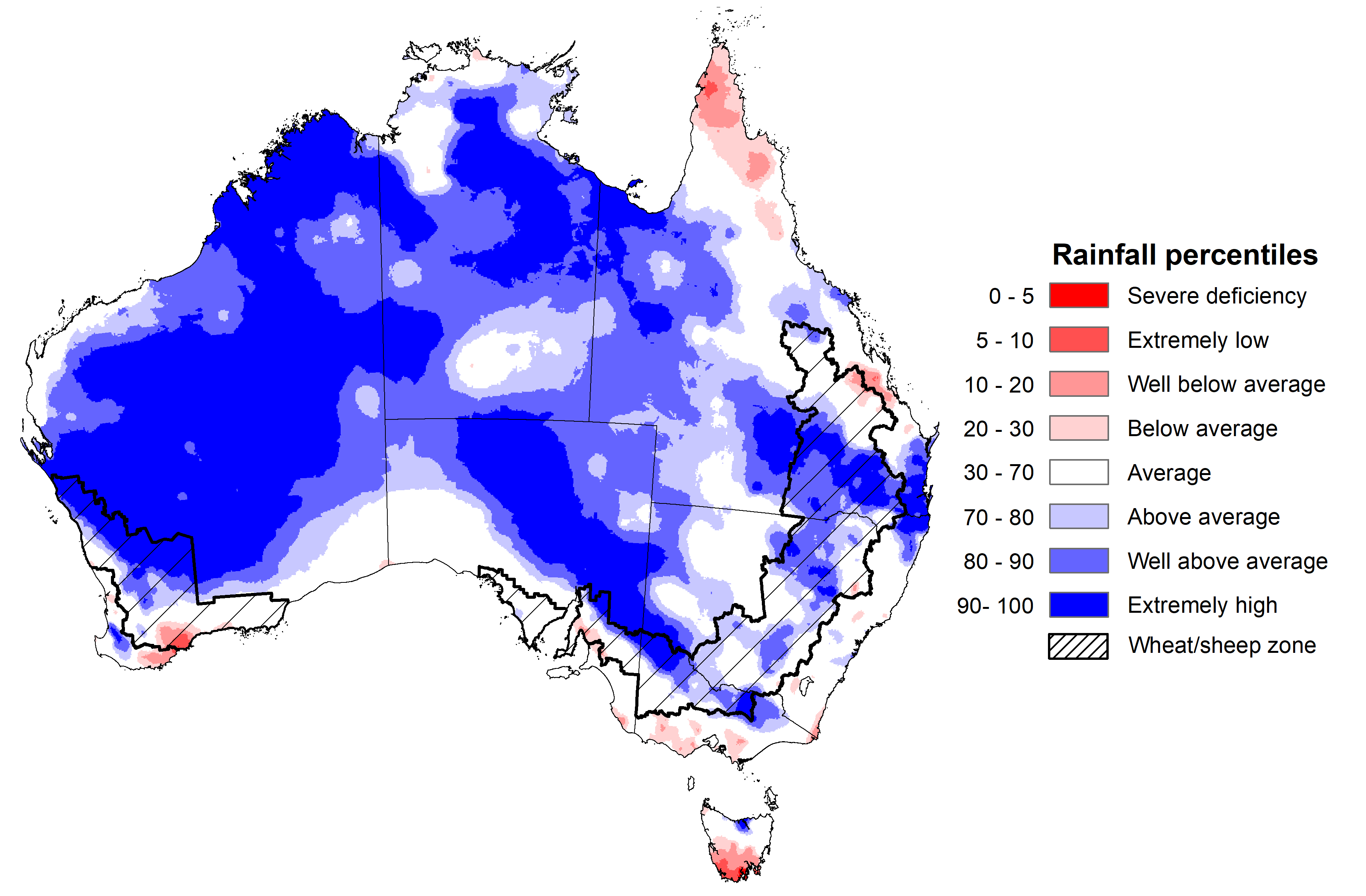 Map showing the rainfall percentiles for the previous month in Australia. Image provided by the Bureau of Meteorology. Please refer to accompanying text for a more detailed description.