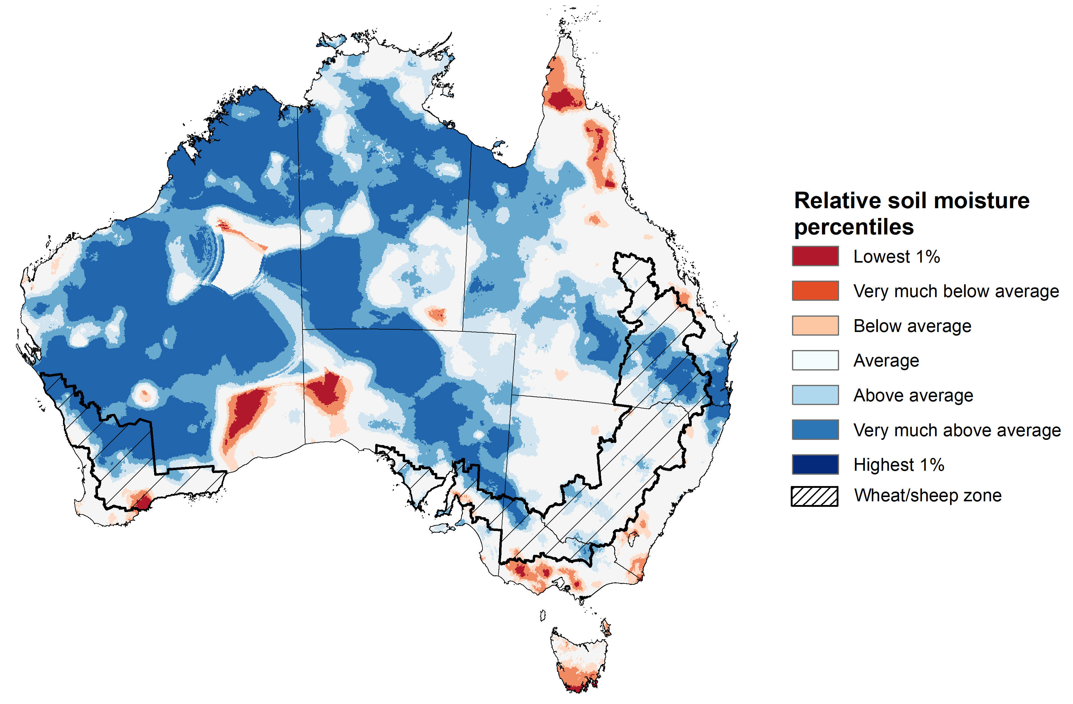 Map showing the upper layer soil moisture for the previous season in Australia. Image provided by the Bureau of Meteorology. Please refer to accompanying text for a more detailed description.