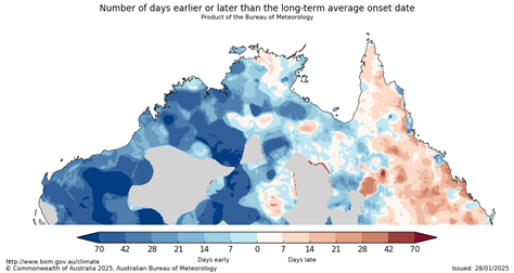 Map showing the number of days the northern Australia rainfall is either early or late. Image provided by the Bureau of Meteorology.