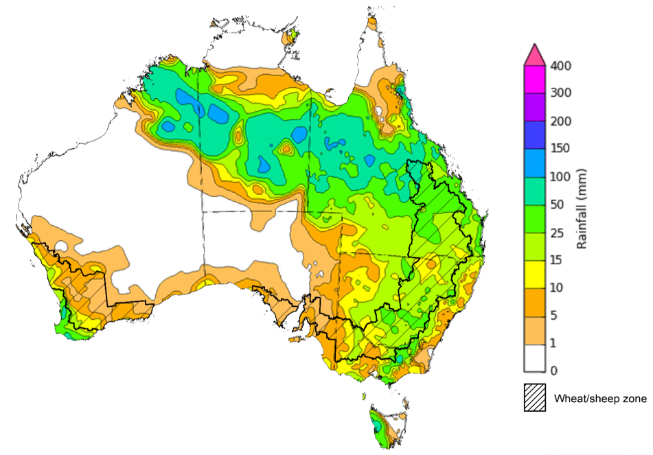 Map showing weekly rainfall totals in Australia. Image provided by the Bureau of Meteorology. Please refer to accompanying text for a more detailed description.