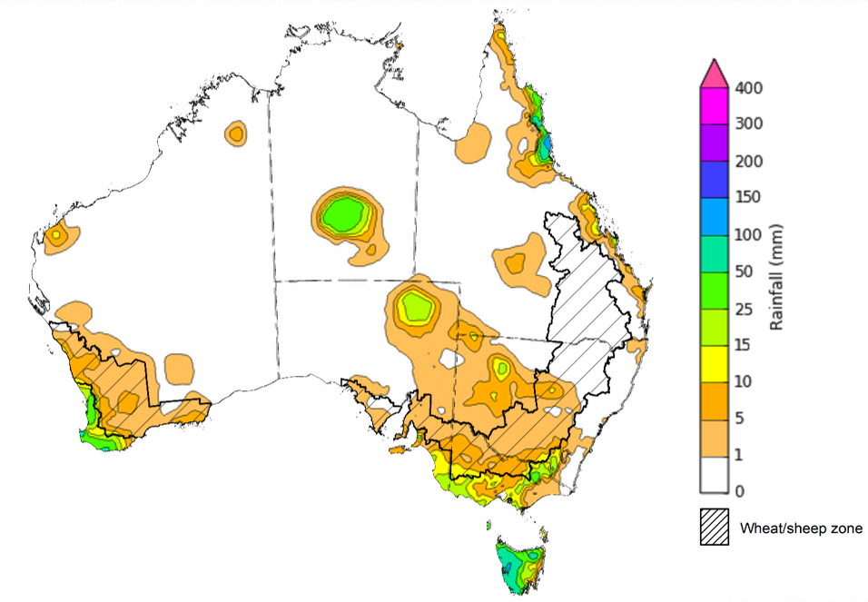 Map showing weekly rainfall totals in Australia. Image provided by the Bureau of Meteorology. Please refer to accompanying text for a more detailed description.