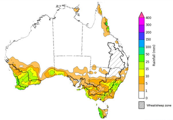 Map showing weekly rainfall totals in Australia. Image provided by the Bureau of Meteorology. Please refer to accompanying text for a more detailed description.