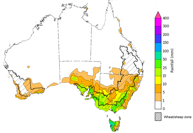 Map showing weekly rainfall totals in Australia. Image provided by the Bureau of Meteorology. Please refer to accompanying text for a more detailed description.