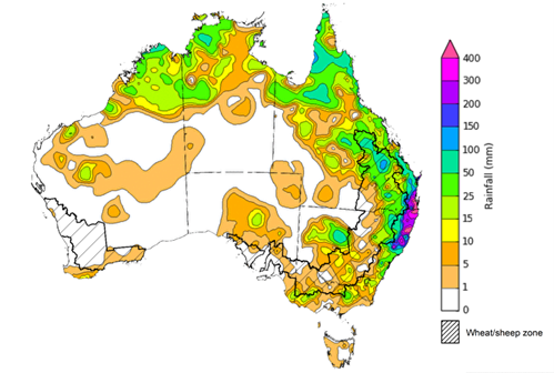 Map showing weekly rainfall totals in Australia. Image provided by the Bureau of Meteorology. Please refer to accompanying text for a more detailed description