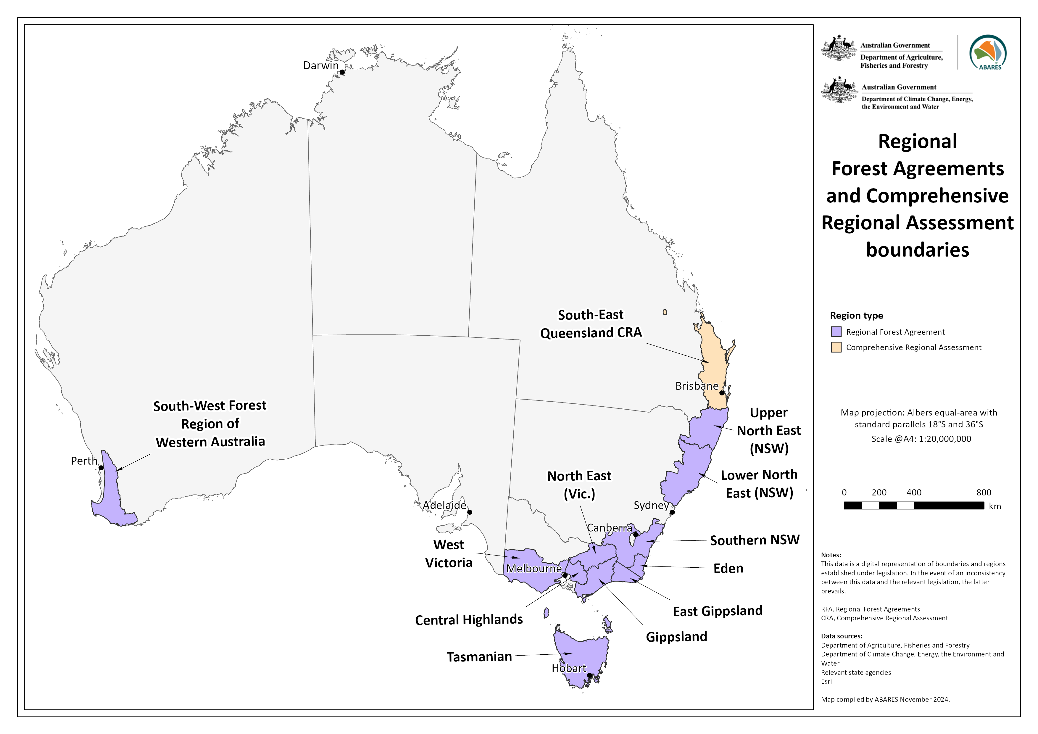 Map showing Regional Forest Agreements and Comprehensive Regional Assessment boundaries 