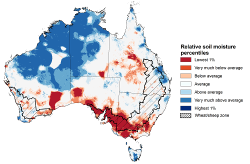 Map showing the lower layer soil moisture for the previous season in Australia. Image provided by the Bureau of Meteorology. Please refer to accompanying text for a more detailed description.