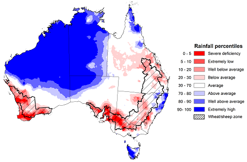 Map showing the rainfall percentiles for the previous month in Australia. Image provided by the Bureau of Meteorology. Please refer to accompanying text for a more detailed description.