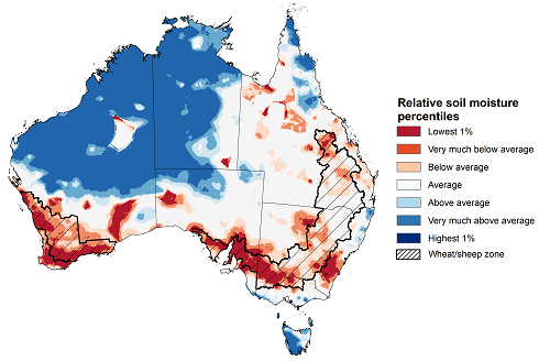 Map showing the upper layer soil moisture for the previous season in Australia. Image provided by the Bureau of Meteorology. Please refer to accompanying text for a more detailed description.