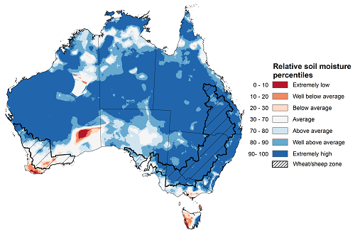 Map showing the upper layer soil moisture for the previous season in Australia. Image provided by the Bureau of Meteorology. Please refer to accompanying text for a more detailed description.