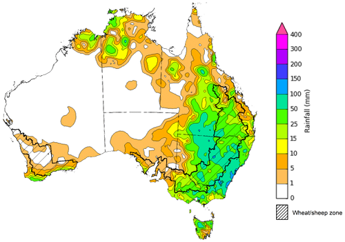 Map showing weekly rainfall totals in Australia. Image provided by the Bureau of Meteorology. Please refer to accompanying text for a more detailed description.