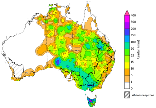 Map showing weekly rainfall totals in Australia. Image provided by the Bureau of Meteorology. Please refer to accompanying text for a more detailed description.