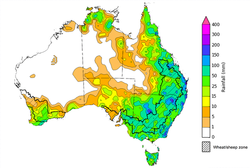 Map showing weekly rainfall totals in Australia. Image provided by the Bureau of Meteorology. Please refer to accompanying text for a more detailed description.