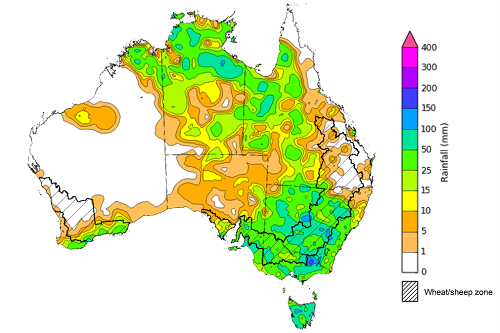 Map showing weekly rainfall totals in Australia. Image provided by the Bureau of Meteorology. Please refer to accompanying text for a more detailed description.