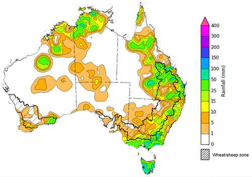 Map showing weekly rainfall totals in Australia. Image provided by the Bureau of Meteorology. Please refer to accompanying text for a more detailed description