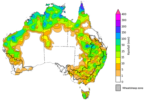 Map showing weekly rainfall totals in Australia. Image provided by the Bureau of Meteorology. Please refer to accompanying text for a more detailed description.