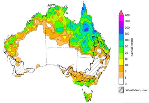 Map showing weekly rainfall totals in Australia. Image provided by the Bureau of Meteorology. Please refer to accompanying text for a more detailed description