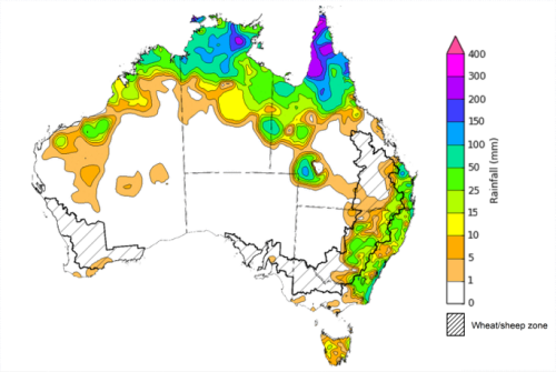 Map showing weekly rainfall totals in Australia. Image provided by the Bureau of Meteorology. Please refer to accompanying text for a more detailed description.