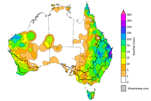 : Map showing weekly rainfall totals in Australia. Image provided by the Bureau of Meteorology. Please refer to accompanying text for a more detailed description. 