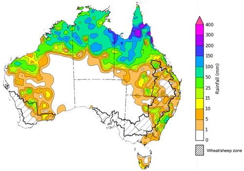 Map showing weekly rainfall totals in Australia. Image provided by the Bureau of Meteorology. Please refer to accompanying text for a more detailed description.