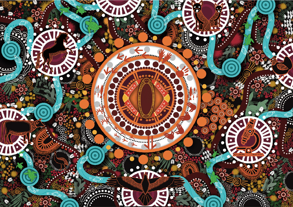 Australian Animal Welfare First Nations artwork titled ‘Cowal Makiya’ by Leah Cummins / Bunya Designs for Saltwater People 2024