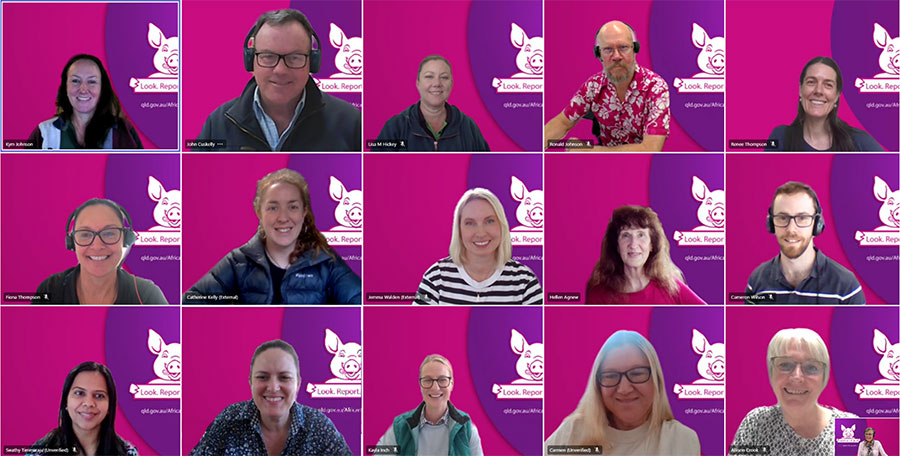 15 people on a zoom call, all with a magenta/purple background