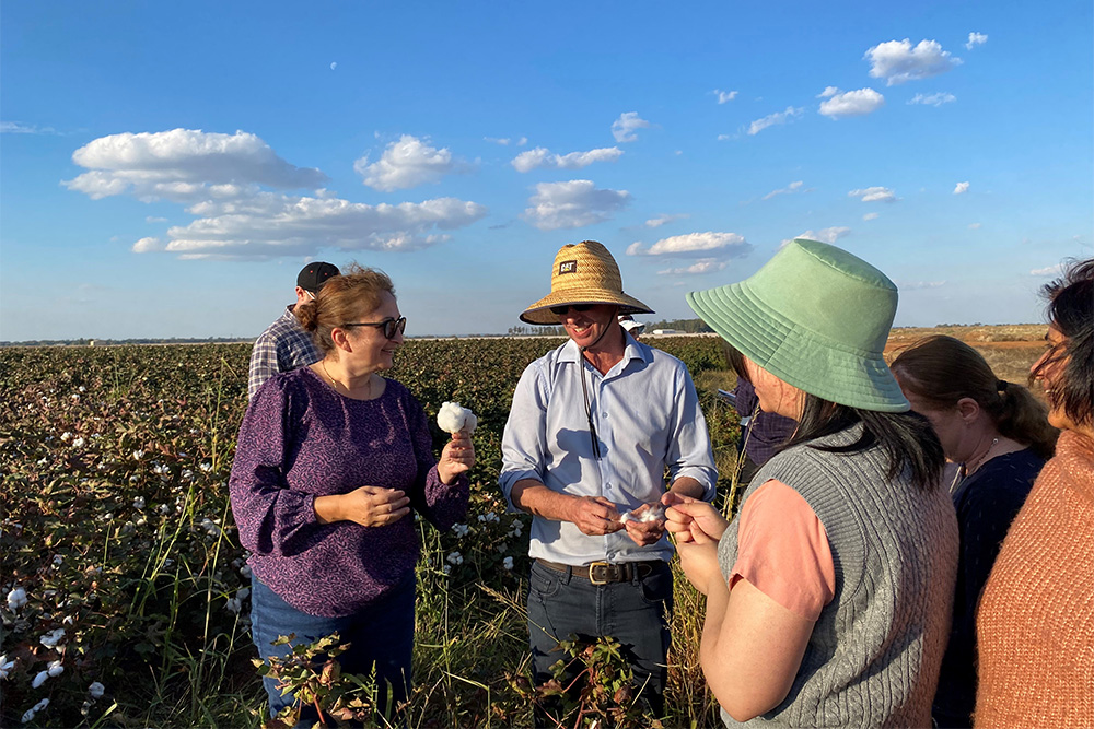 Image of departmental staff learning about irrigated cotton farming from Justin Vardanega from Local Land Services. The cotton farm was operated by the Irrigation Research & Extension Committee.