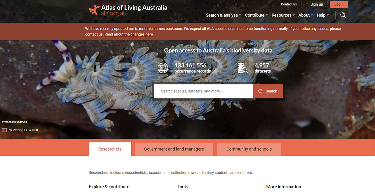 A screen shot of website home of Atlas of Living Australia.